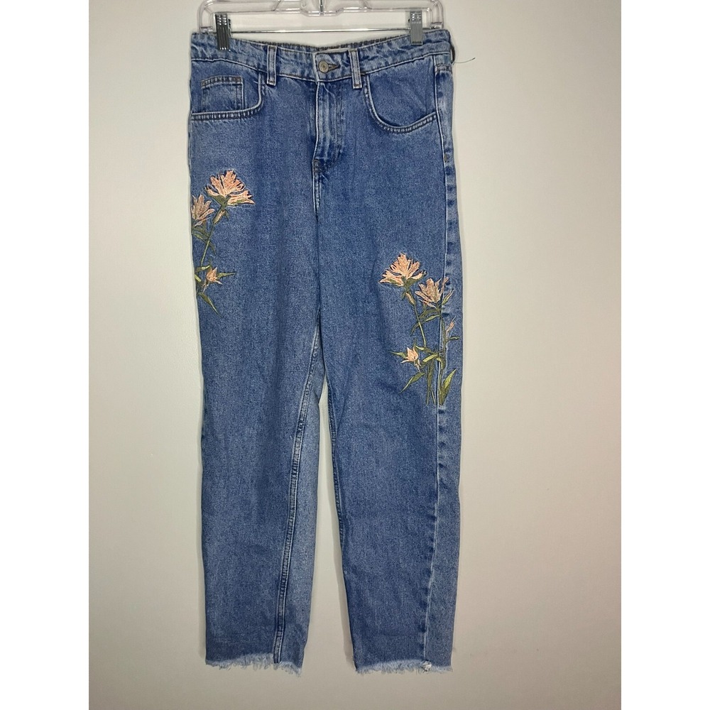 Denim & Co Blue High Waist Mom Jeans Embroidered Flowers Womens Size 6 US 42 IT